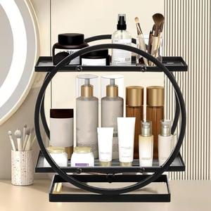 WRINGKIT 2 Tier Perfume Organizer for Dresser, Black Bathroom Vanity Counter Organizer, High-Capacity Iron Cosmetics Storage Display Rack, Skincare Make Up Holder for Dresser