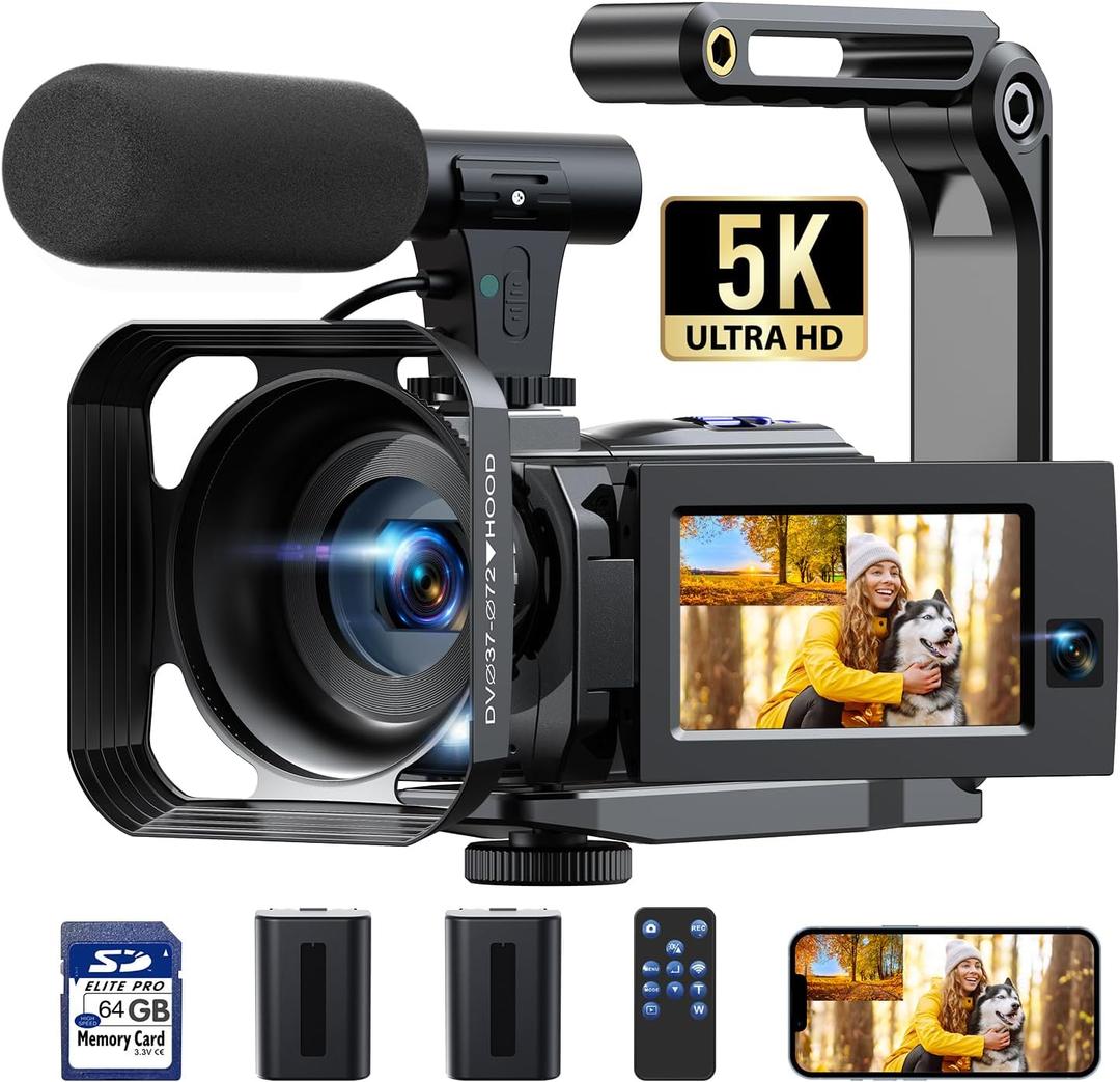 5k Video Camera Camcorder 56MP Dual Lens Cam Corder with WiFi IR Night Vision YouTube Camera,16X Digital Zoom Touch Screen Video Recorder with 64GB SD Card, Tripod, Remote Control, 2 Batteries