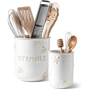 LE TAUCI Utensil Holder for Kitchen Counter - 6.9"+5.3" Ceramic Kitchen Utensil Holder Set of 2, Large Cooking Utensil Crock & Organizer for Spatula, Spoon - Embossed Kitchen Decor, White,Bee