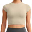ENERBLOOM Workout Crop Tops for Women Yoga Short Sleeve Mild Support Slim Fit Cropped Athletic Shirts Gym Tee Built in Bra (Medium, Khaki)