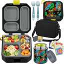 Bento Lunch Box for Kids with 12oz Soup Thermo Leak-Proof Lunch Food Container with 5 Compartment Thermo Hot Food Jar and Insulated Lunch Bag for Kid Toddler Girls Boys to School (Black - Dinosaur)