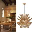 Arturesthome 19.68" Boho Coastal Rattan Pendant Light Multi-Level Woven Rattan Chandelier Wicker Ceiling Light Pendant Lampshade for Dining Room Hallway Foyer, 19.68"*17.68"