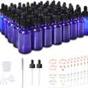 48 Pack 1oz Cobalt Blue Glass Bottles with Glass Eye Droppers for Essential Oils, Perfumes & Lab Chemicals (Brush, Funnels, 2 Extra Droppers, 54 Pieces Labels & 30ml Measuring Cup Included)