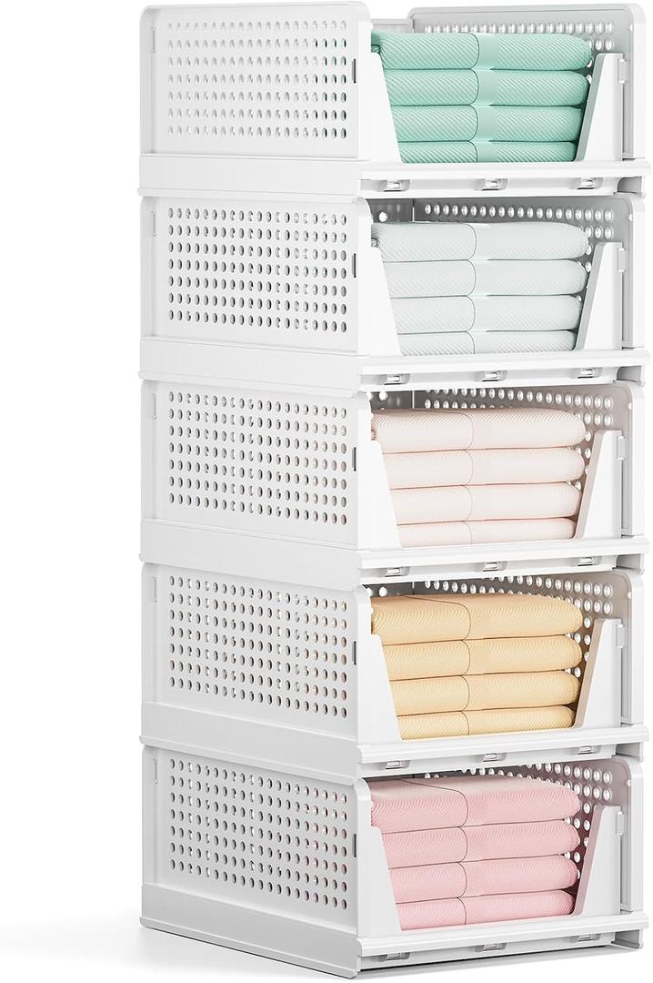 Mavivegue 5 Pack Stackable Closet Storage, Plastic Drawer Basket,Closet Organizers Storage Box for Cupboard,Bedroom, Kitchen, Bathroom, Office White