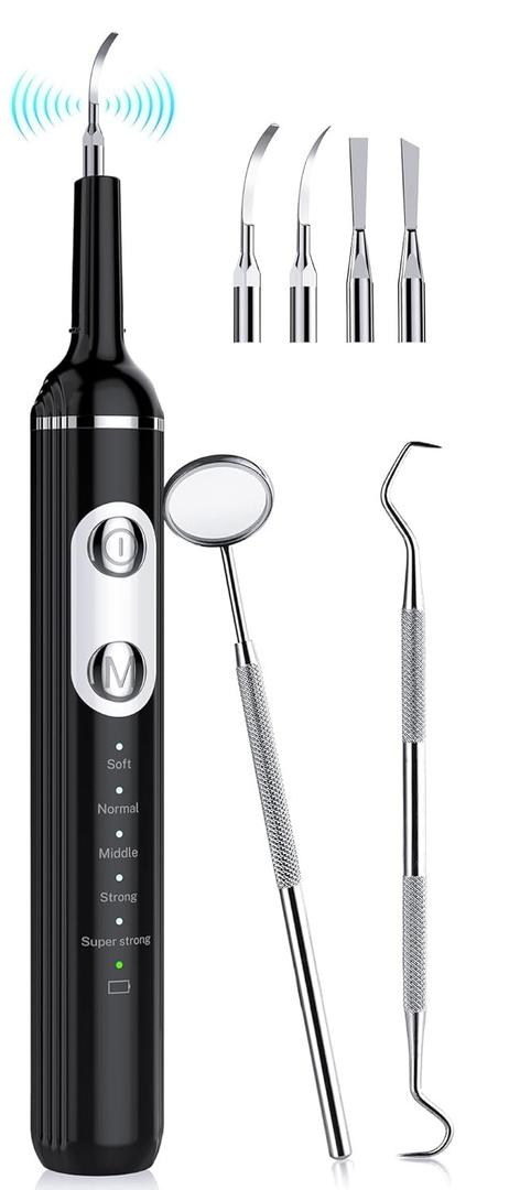 Plaque Remover for Teeth, Dental Cleaning Kit Tartar Remover for Teeth with LED Light & 5 Modes, Rechargeable Dental Cleaner, 4 Replaceable Heads