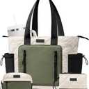 Bagstellar Puffer Tote Bag for Women, Lightweight Puffy Work Laptop Handbag Teacher Nurse Quilted School Daily Travel Gym Bag | Daily Carry On Bags, Comfy College Bags, 15.6" Computer Bag, Clinical Nursing Bag, 40 OZ Tumbler Holder, Ideal Gift for Women (Cream-green-black)