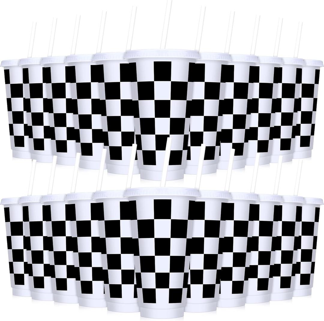 Domensi 24 Pcs Race Car Cups 24 oz Checkered Flag Party Supplies Thick Plastic Tumblers with Lids and Straw Iced Coffee Reusable Water Bottle for Adult Birthday Sport Racing Theme Party