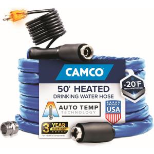 Camco 50' Heated Water Hose for RV  Prevents Freezing Down to -20  Certified For Drinking Water & Lead-Free  Great for Campers, Livestock, Agriculture, Kennels, etc.  5/8" ID (22912)