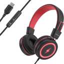 Kids Headphones with LED Lights for School, Upgrade USB Type C Kid Headphone with Microphone, Volume Limiter 85/94dB, Wired On Ear Headphones for Boys/Girls/Tablet/Travel - Black