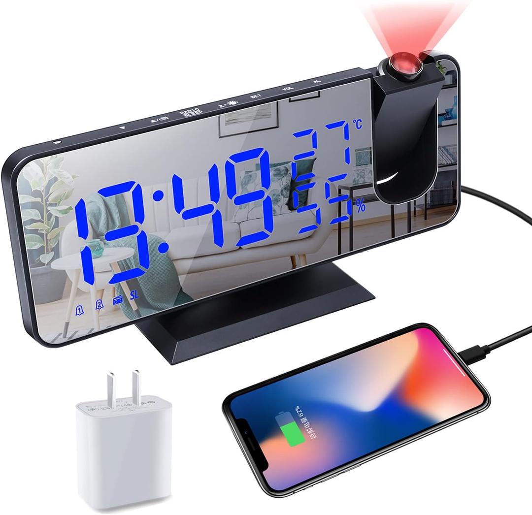 Projection Digital Alarm Clock for Bedrooms, Alarm Clock Radio on Ceiling, USB Charger Port, Temperature & Humidity Display, 7.3 Large Mirror LED Display,12/24H,Snooze,Dual Loud Clock- 4 Dimmer (Black-blue)