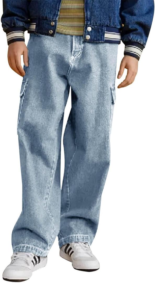 Haloumoning Boys Cargo Baggy Pants Elastic Waist Wide Leg Jeans Casual Demin Pants with Pockets 5-14 Years , 10-12 Years, Light Blue