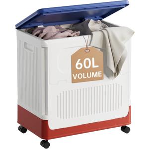 60L Laundry Hamper with Lid, Cute Rolling Laundry Basket with Wheels & Handle, Slim Dirty Clothes Organizer for Kids Bedroom, Nursery, Bathroom, Closet, Tricolor