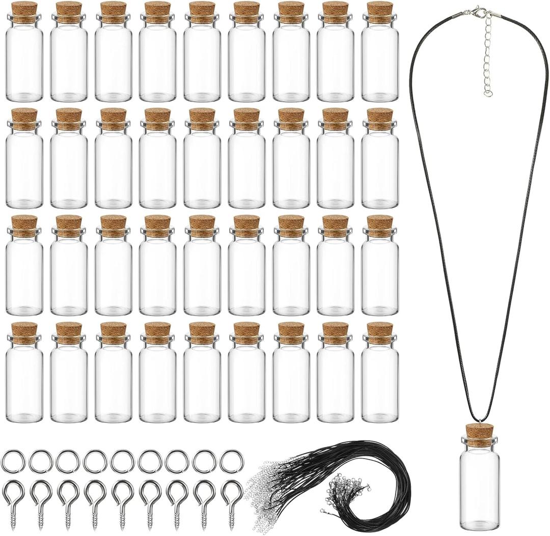 Sawysine 50 Pcs 10 ml Mini Glass Bottles with Cork, Tiny Wishing Bottles with 50 Pcs Black Waxed Cord,100 Pcs Eye Screws and 100 Pcs Clasp Rings,for DIY Crafts Container Necklace Jars