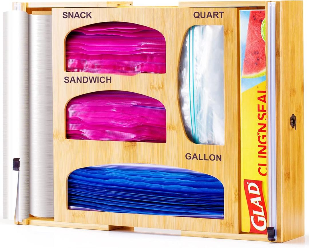 Bamboo 6 In 1 Foil and Plastic Wrap Organizer, Ziplock Bag Organizer/Holder Wrap Dispenser With Slide Cutter, for kitchen Drawer or House Wall Use, for Gallon,Quart,Sandwich Bag etc.