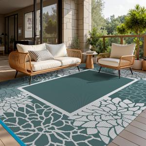 COCOER Floral Outdoor Rug 8x10 Reversible Waterproof Patio Rug - Quick Dry - Comfortable & Soft - Suitable for All Weather - Easy Clean (Tealwhite)