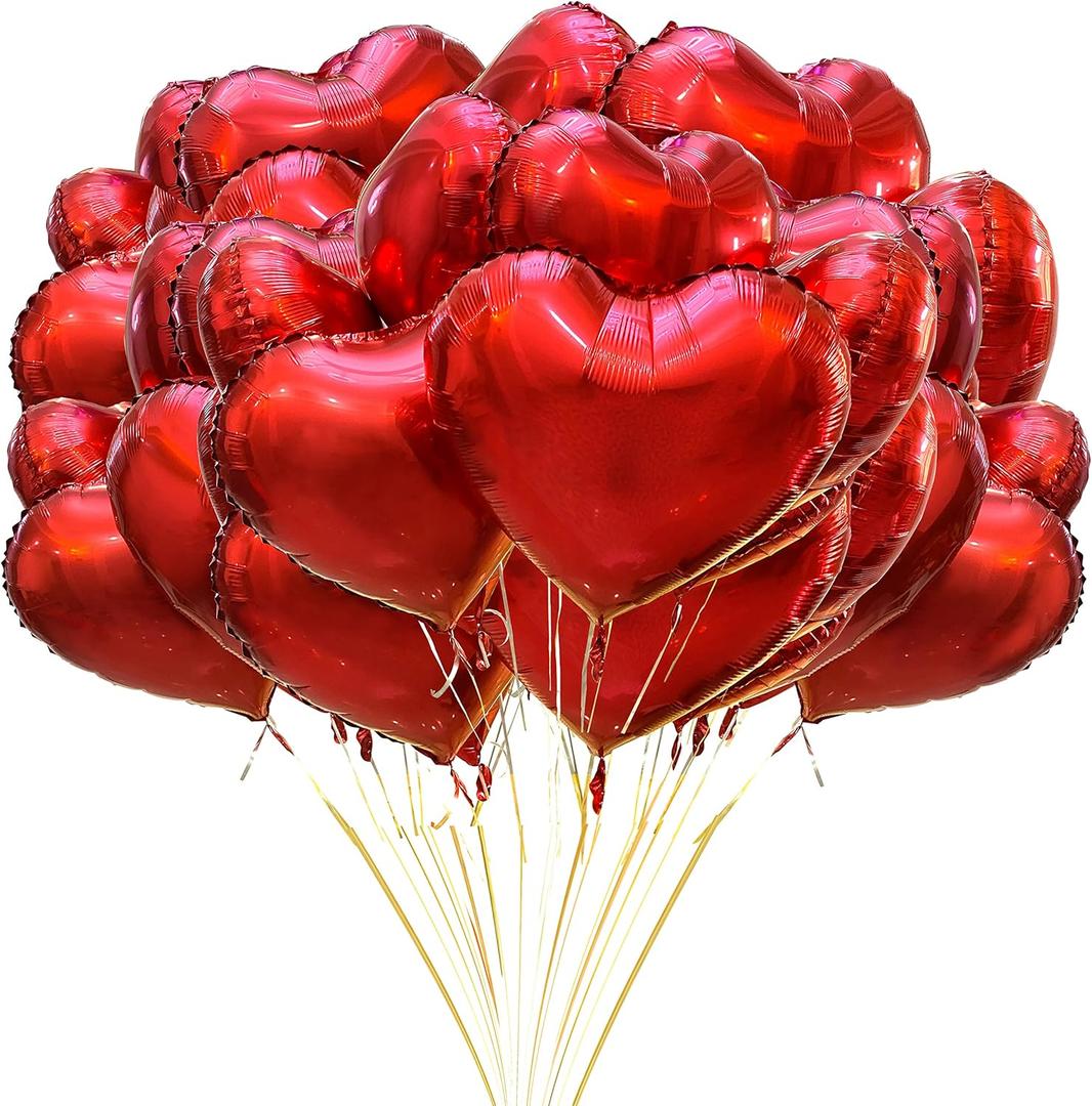 Jonhamwelbor 20Pcs 18 Inch Red Foil Mylar Heart Shape Balloons Decorations Valentines Birthday Wedding Baby Shower Party (Red)