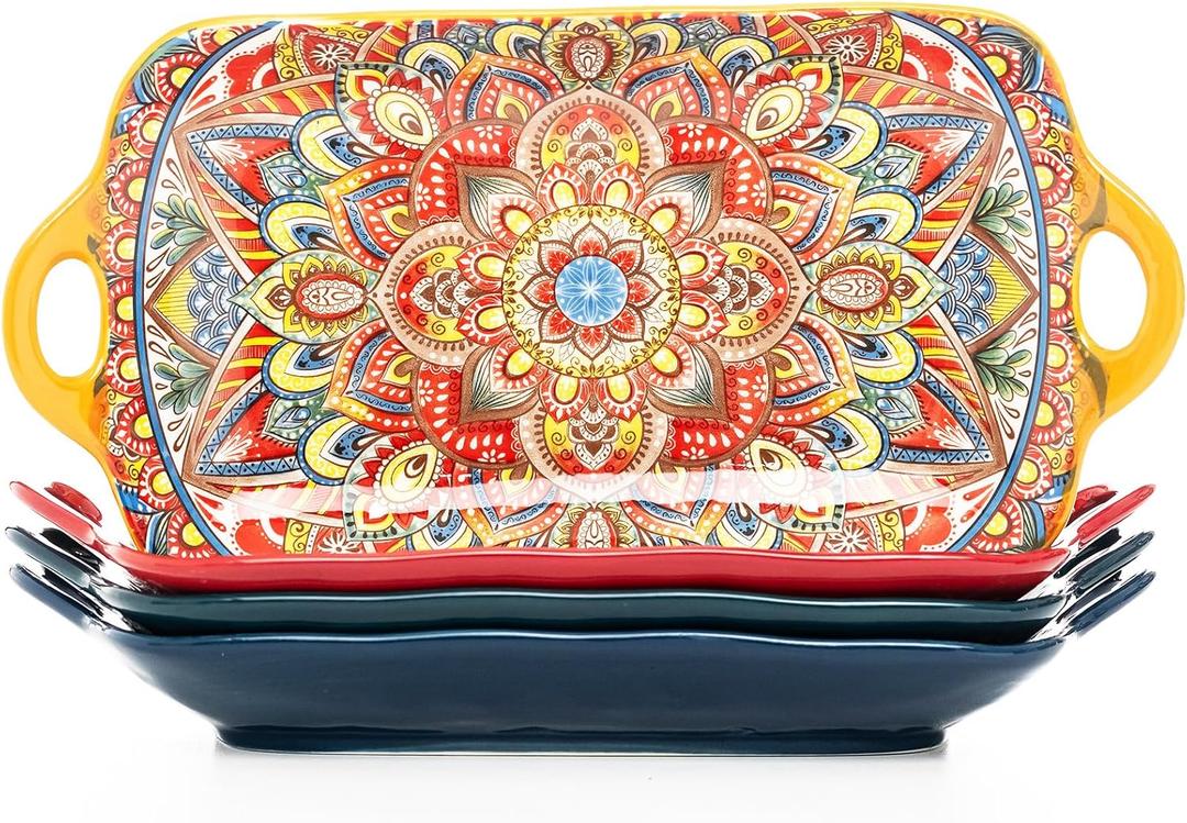 Boho Ceramic Serving Platters with Handles Set of 4, 12Inch Large Serving Dishes for Entertaining, Colorful Cute Porcelain Serving Plates for Sandwich, Appetizer, Fruit, Microwave Oven Safe Mix-color