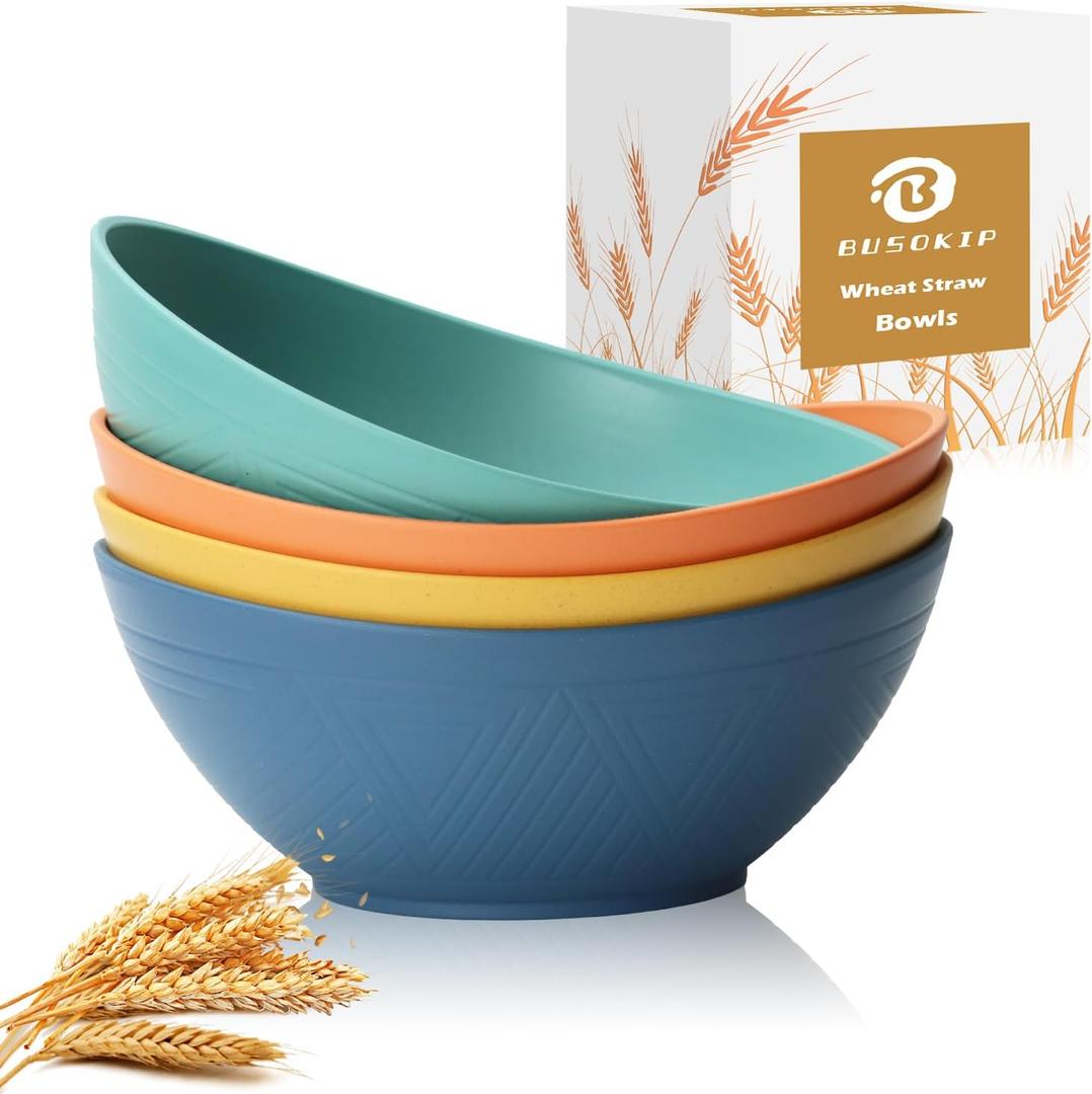 65 OZ Wheat Straw Bowls Set of 4, Large Unbreakable Salad Bowls, Microwave & Dishwasher Safe Big Serving Bowl, Kitchen Bowl Mixing Bowl for Popcorn, Cereal, Soup and Oatmeal (Multicolor)