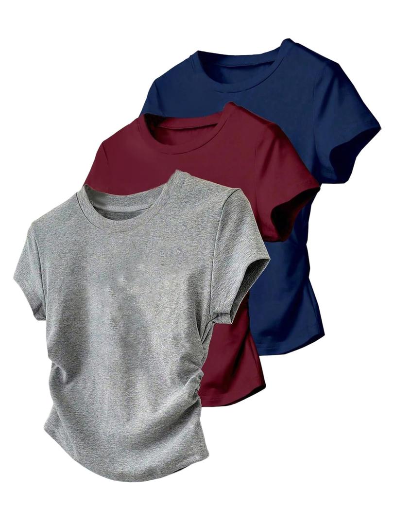 RoseSeek Girl's 3 Packs Short Sleeve Ruched T Shirt Crewneck Slim Fit Basic Tee Tops Summer Clothes Red Blue Grey 9 Years