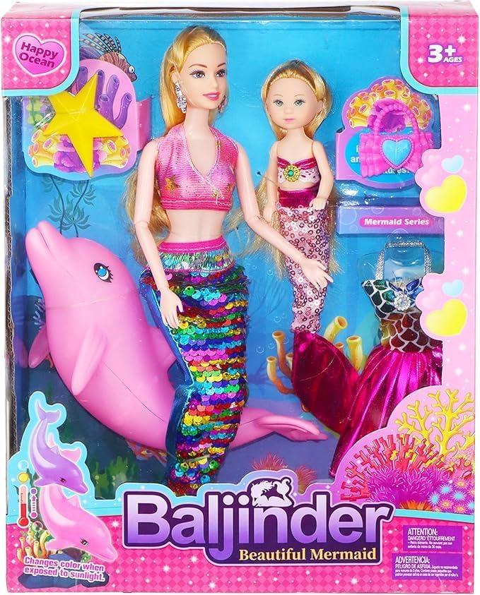 Baljinder Magical Mermaid Dolls with Little Mermaid | Summer Princess Doll & Color Change Dolphin Playset for Water Swimming | Mermaid Pool Toys for Girls 4-7 | Birthday Party Christmas