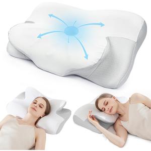 Cervical Neck Pillow for Sleeping - Cooling Ergonomic Memory Foam Pillow for Neck Pain Relief, Soft and Stretchy, Relieves Shoulder Pressure, Side Sleepers, Cooling and Breathable Ice Silk Pillowcase (White)