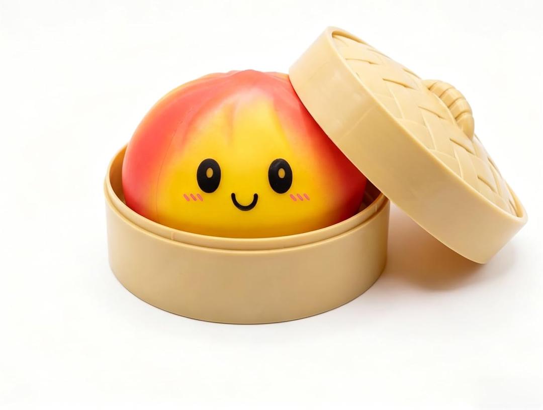 Red&Yellow Dumpling Squishies Stress Balls, Colorful Squishies Dumpling Fidget Sensory Toy with Food Steamer, Squeeze Dough Ball for Stress Relief, Stretchy Desk Toys Gift