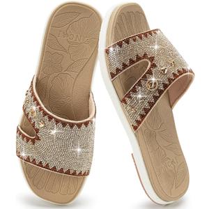 ONCAI Womens Sandals with Rhinestone Ladies Flat Slides, Glitter Sparkly Summer Beach Vacation Comfort Square Open Toe Sandalias Mujer 2026 with Outdoor Rubber Soles Beige White US Size 9