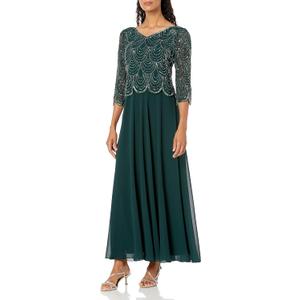 J Kara Women's Sweetheart Neck Floral Pattern 3/4 Sleeve Mock 2 Piece Long Dress (8, Hunter Multi)