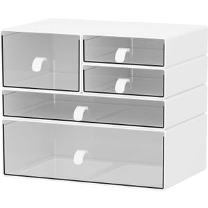 Desk Organizer Set, White & Clear Stackable Dustproof Storage Boxes for Desktop, Office, Bathroom, DIY Craft & Vertical Space Saving, Perfect for Makeup, Stationery Organization (5 Drawer)