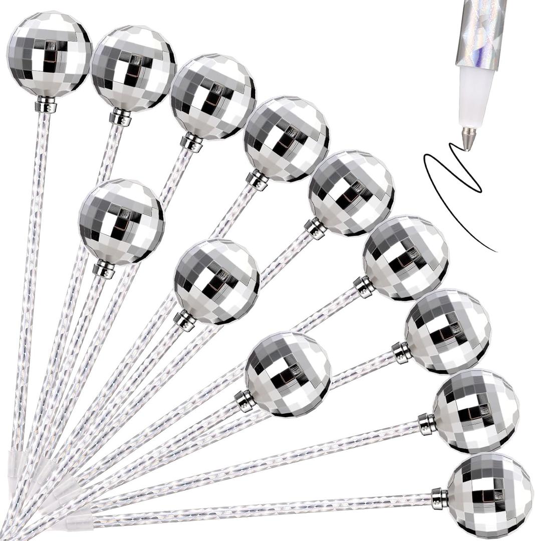 12 Pcs Disco Ball Ballpoints Pen Bulk Silver Glitter Mirror Ball Fancy Pen for Disco Party Favors 70s 80s Birthday Writing Journaling Gift Office Supplies
