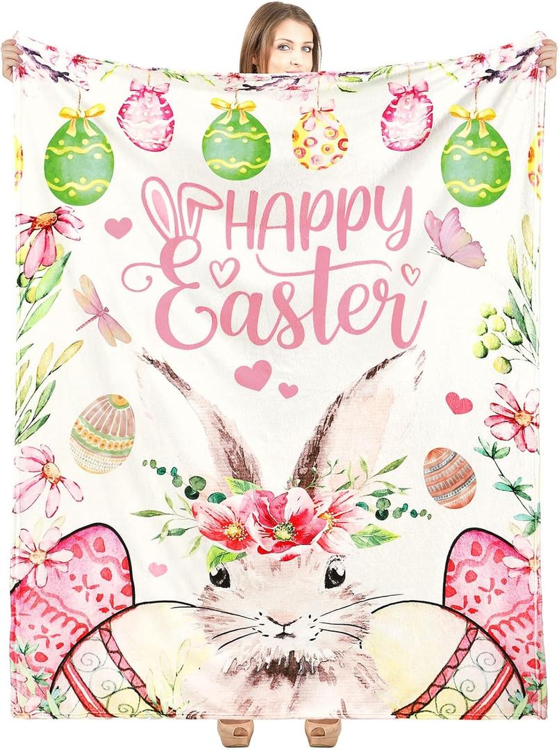 Buryeah Easter Hunny Bunny Throw Blanket Pink Easter Eggs Flowers Bunny Spring Gift 60 x 50 Inches Happy Soft Blanket Rabbit Birthday for Home Bed Sofa Couch Decor