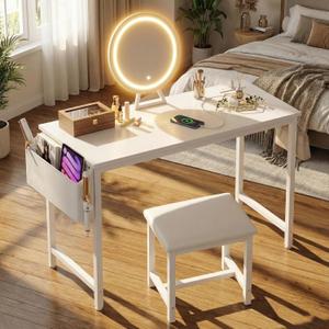 Cheap Makeup Girls Vanity Set with Mirror and Stool and Lights & Power Outlet, White Make Up Dressing Table with Chair, Kids Vanities for Bedroom 40