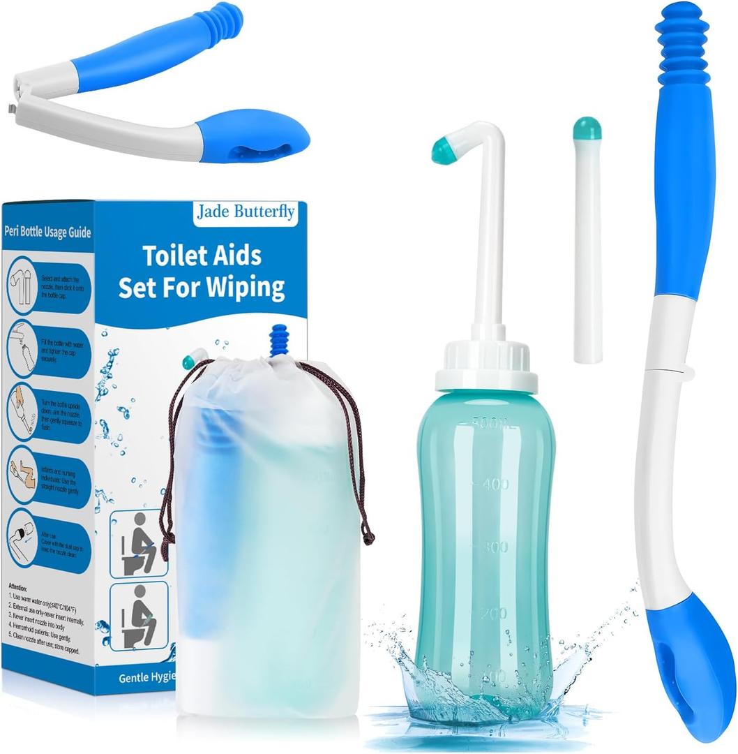 Foldable Toilet Aids Set for Wiping  2PCS Personal Hygiene Kit with Collapsible Butt Wiper Tool & Dual-Nozzle Peri Bottle , Wiping Aid for Post-Surgery Recovery, Elderly and Travel Use (Blue, Ultra)
