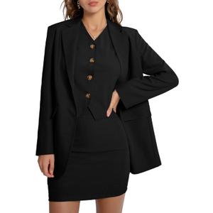 Casly Lamiit Women's 3 Piece Skirt Sets Business Casual Short Skort Blazer Suit Long Sleeve Jacket Vest Matching Outfits (X-Large, Black)