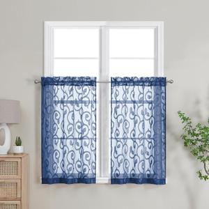 OWENIE Furman Blue Sheer Curtains Tiers 36 inch Length, Light Filtering Soft Airy Clear Cafe Curtains Tier for Living Room Bedroom Farmhouse Small Windows Half Curtains, 2 Pcs, Each 40Wx36L inch