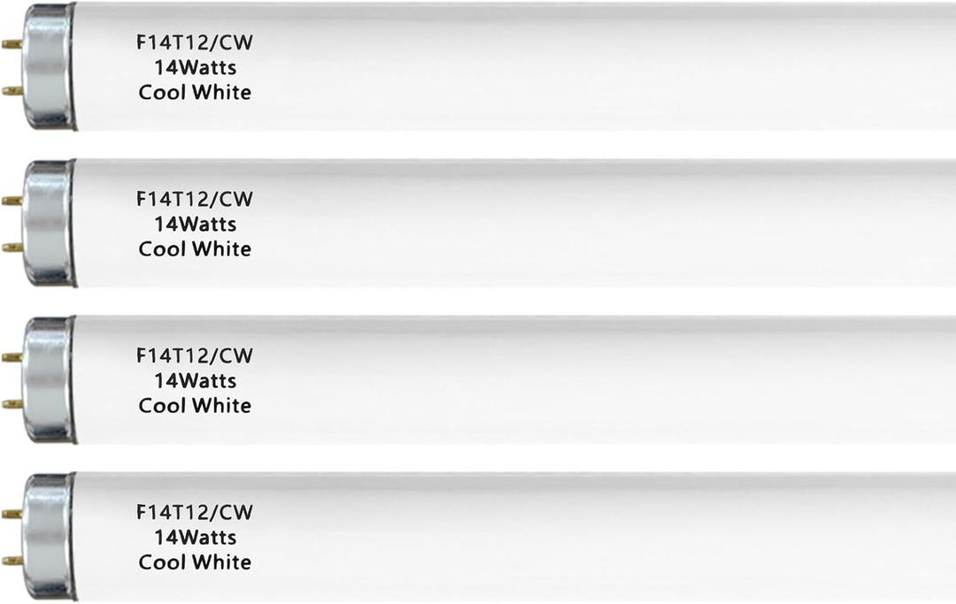 14 Watts F14T12/CW Fluorescent Light Bulb, T12 Liner Fluorescent Tube, 15 Inches Overall Length, T12 14W Cool White Light Color, G13 Bi-Pin Cap, 4 Pack