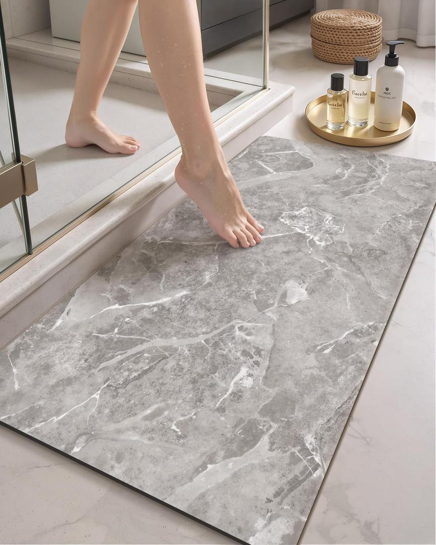 Color&Geometry Ultra Thin Bathroom Rugs Non Slip,Absorbent Quick Dry Bath Mats for Bathroom,Thin Bath Rugs Washable with Rubber Backing Fit Under Door Outside Shower,Gray Marble,24"x36"