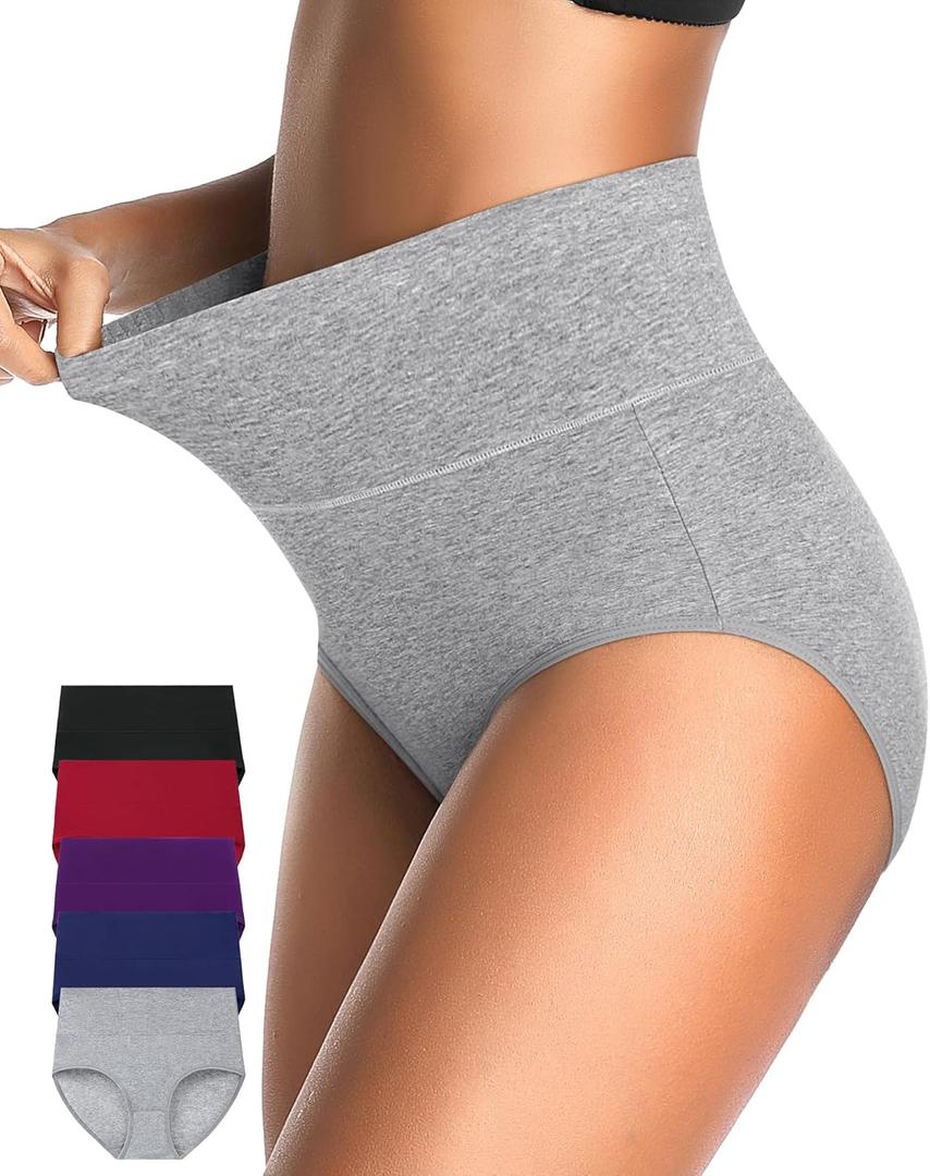CULAYII Tummy Control Underwear for Women High Waisted Panties Full Coverage Cotton Postpartum Briefs Stretch Ladies Undies (Large, Multicoloured D - 5 Pack)