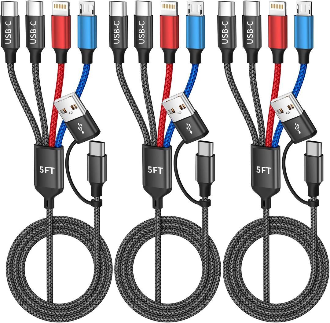 Travel 4 in 2 Charging Cable with Dual Type-C Port, USBA/C Multi Charging Cable Cords for Multiple Devices, Multiple Phone Charger Cord for iPhone17-8, Android, iPad, Car Accessories (3Packs 5FT)
