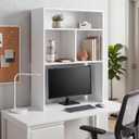 GlikCeil Desk Hutch Dorm White Extra Deep Tall Dorm Desk Bookshelf Organizer with 2 Shelves and 3 Tier Desktop Hutch Storage Organizer 29.75" W x 14" D x 43.75" H for College Home Office Supply