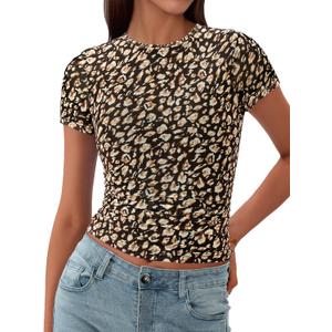 BTFBM Womens Sheer Mesh Summer Tops 2025 Crewneck Short Sleeve Print Ruched Crop Top Slim Fit Club Going Out T Shirts