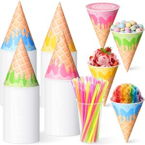 Honeydak 100 Pcs 6 oz Snow Cone Cups with Spoon Straws Disposable Paper Shaved Cups for Ice Cream Birthday Party Supplies, about 4.72 x 3.4 inches
