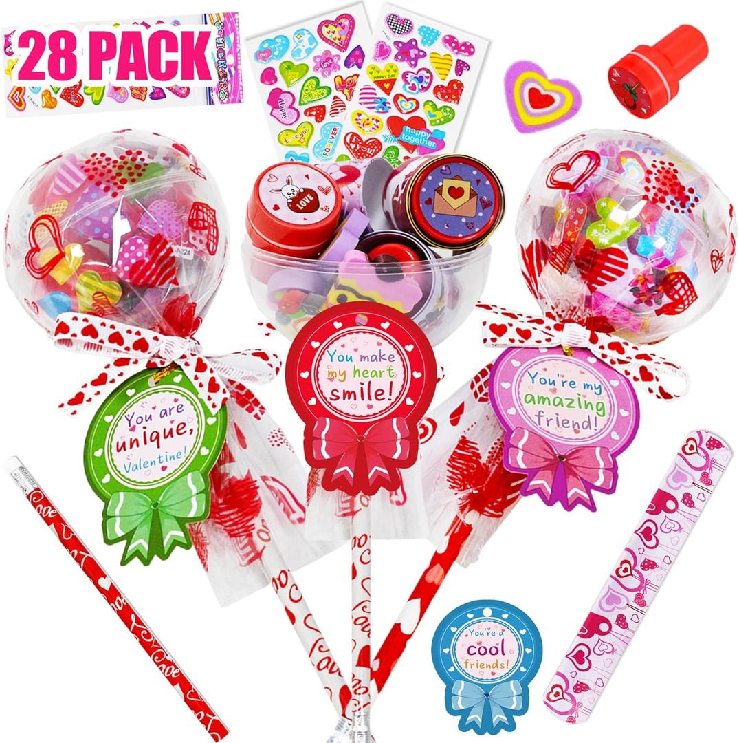 28 Pack Valentines Gifts for Kids - Giant Lollipop-Shaped Class Stationery Set with Cards, Bulk Valentines Classroom Gifts for School Exchange Prizes