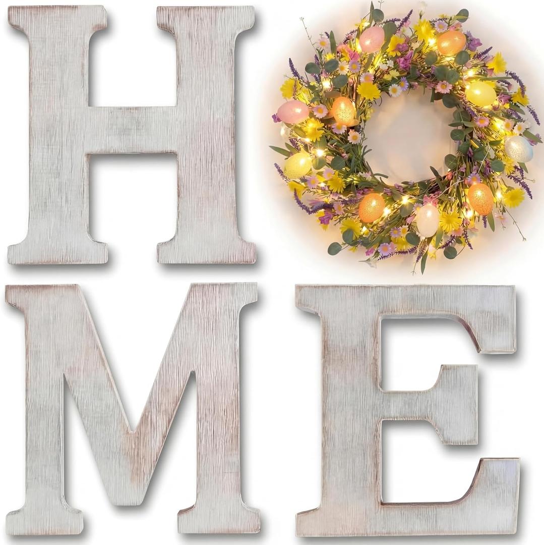 Novabright 18" Lighted Easter Home Sign Wall Decor, 4 Pcs Extra Large 15.7" Wood HOME Letters with Easter Egg Wreath for O, Farmhouse Wall Art for Entryway Mantel Spring Indoor Decorations Gift