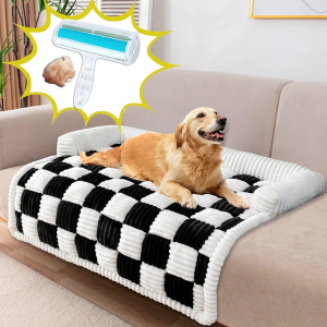 Zeus & Ruta Washable Pet Couch Covers for Sofa, Large Dog Couch Cover Bed Furniture Protector Cream Square Plaid Pet Mat for Furniture Protector Sofa Cover for Dogs, Large（Black, 29.5“*29.5”