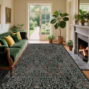 6x9 Washable Area Rugs for Living Room, Stain Resistant Vintage Rugs for Dining Room Under Kitchen Table, Bedroom, Floral Low Pile Non-Slip Large Carpet (6 x 9 Dark Green)