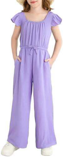 YOURUIKEY Tween Girls Jumpsuit Teen Preppy Clothes Cap Sleeve Smocked Drawstrings Romper Kids Jumper Summer Outfits Size 8Y