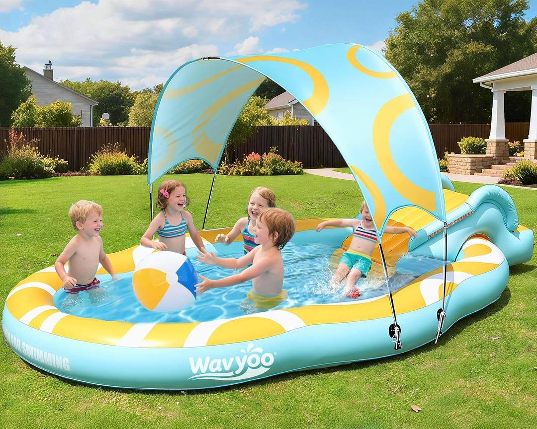 Kiddie Pool with Slide and Canopy, Inflatable Kids Pool with Slide Large Durable Thickened Toddler Pool, Backyard Water Play Center for Kids, Inflatable Water Slide for Kids Backyard (126"x72"x52")