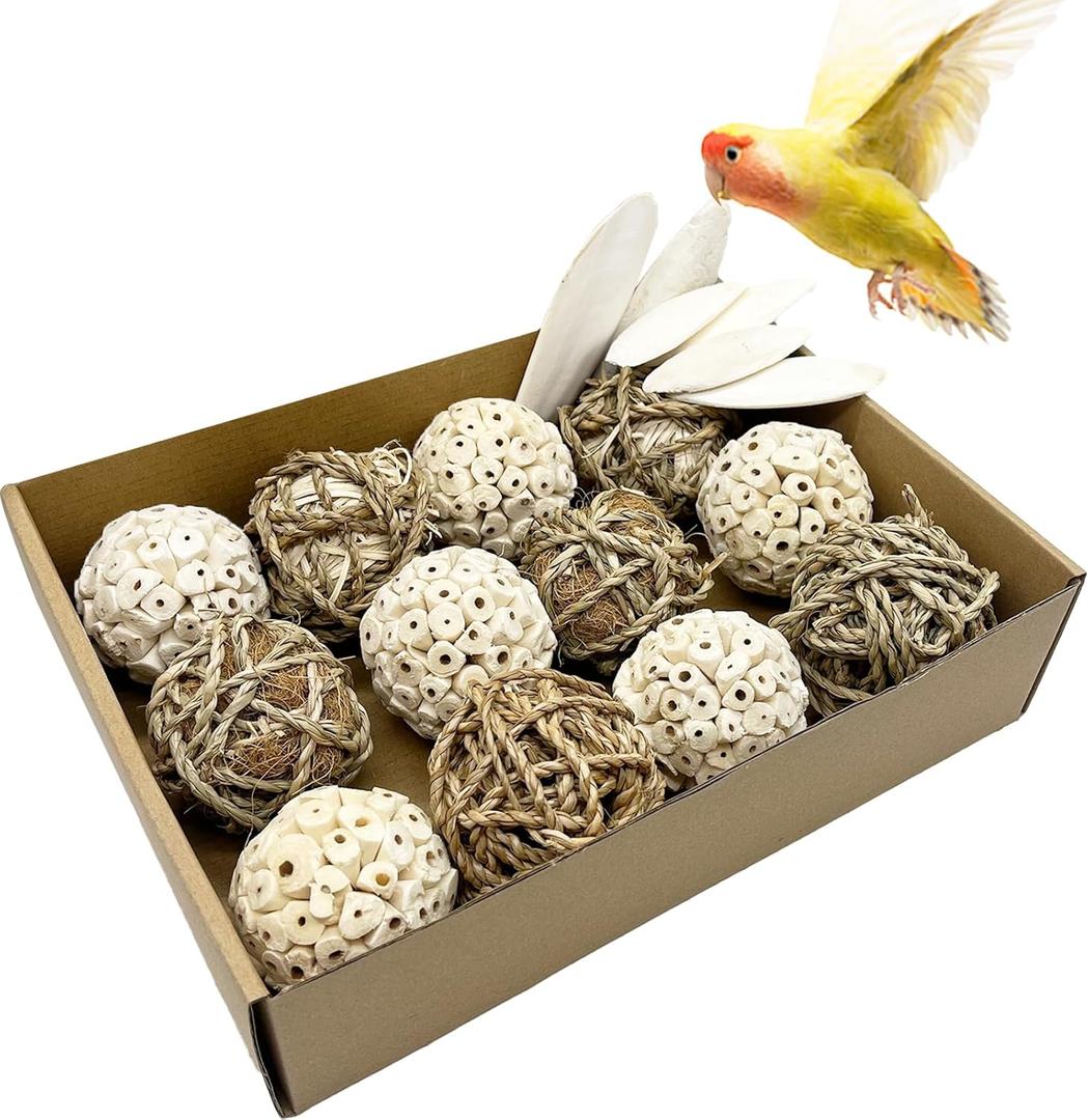 Bird Toys Sola Balls Parakeet Toys Natural Soft Chew Grass Balls with Cuttlebone for Parrots Conures Rabbits Hamster Guinea Pig Chinchilla(Style 2, 18 PCS)