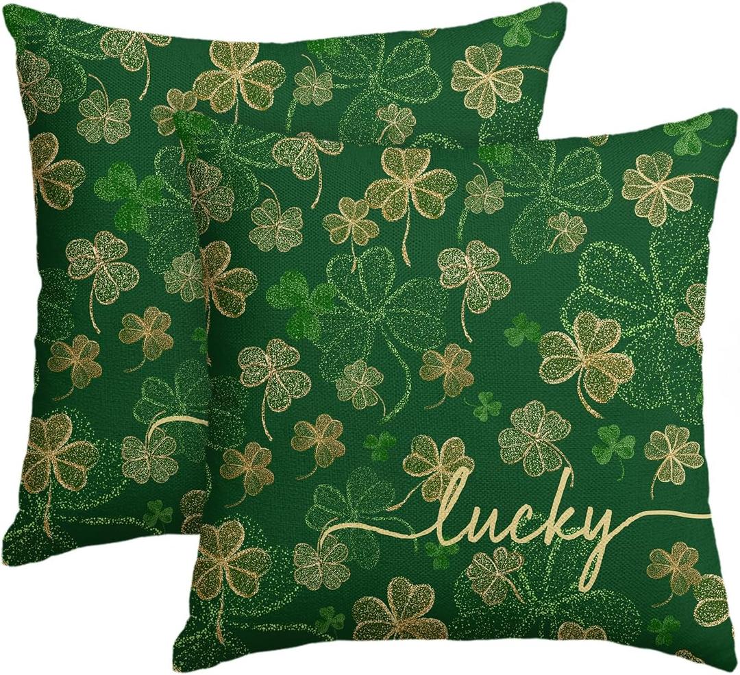 AVOIN colorlife St Patricks Day Lucky Shamrock Throw Pillow Cover, 18 x 18 Inch Clover Golden Shimmer Cushion Case Decoration for Sofa Couch Set of 2